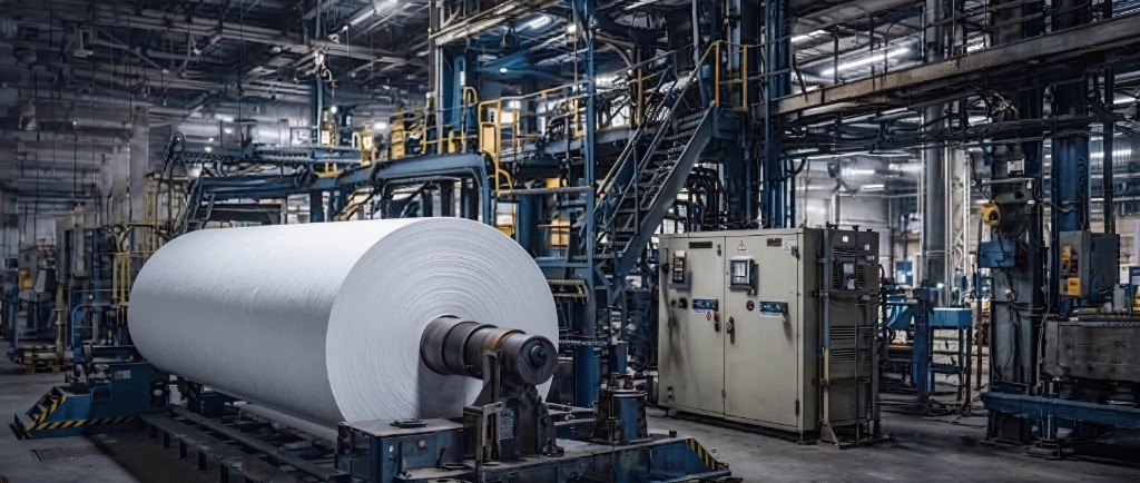 Industrial paper mill with control systems and heavy process lines